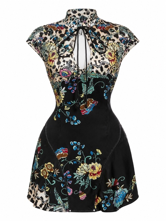 SHEIN Dresses & Skirts - SHEIN Black Floral Mandarin Collar Mini Dress 0XL